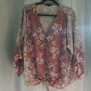 West Kei Red Blouse Tie Front 3/4 Sleeve